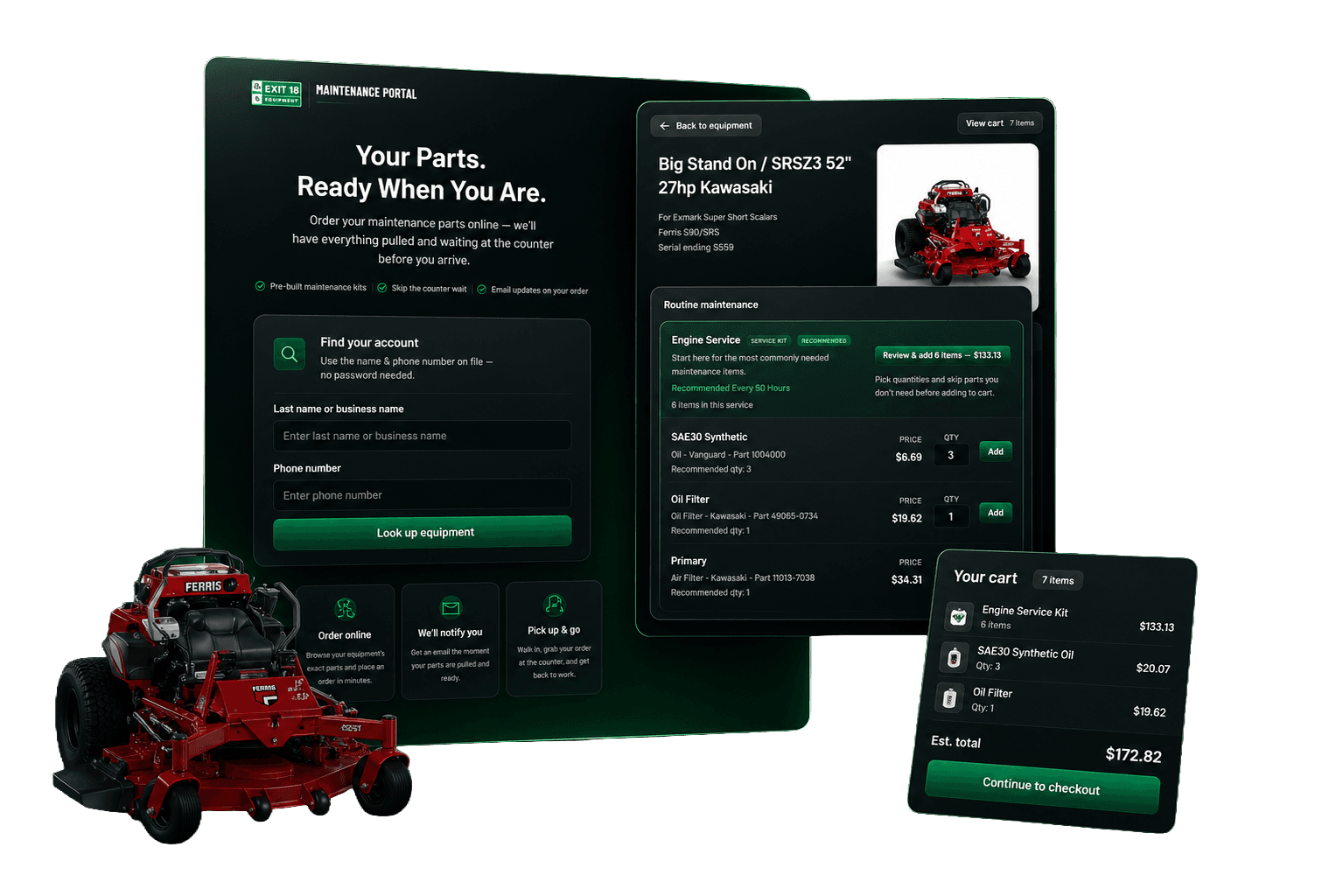 Exit 18 Maintenance Portal — login, maintenance kit checkout, and cart