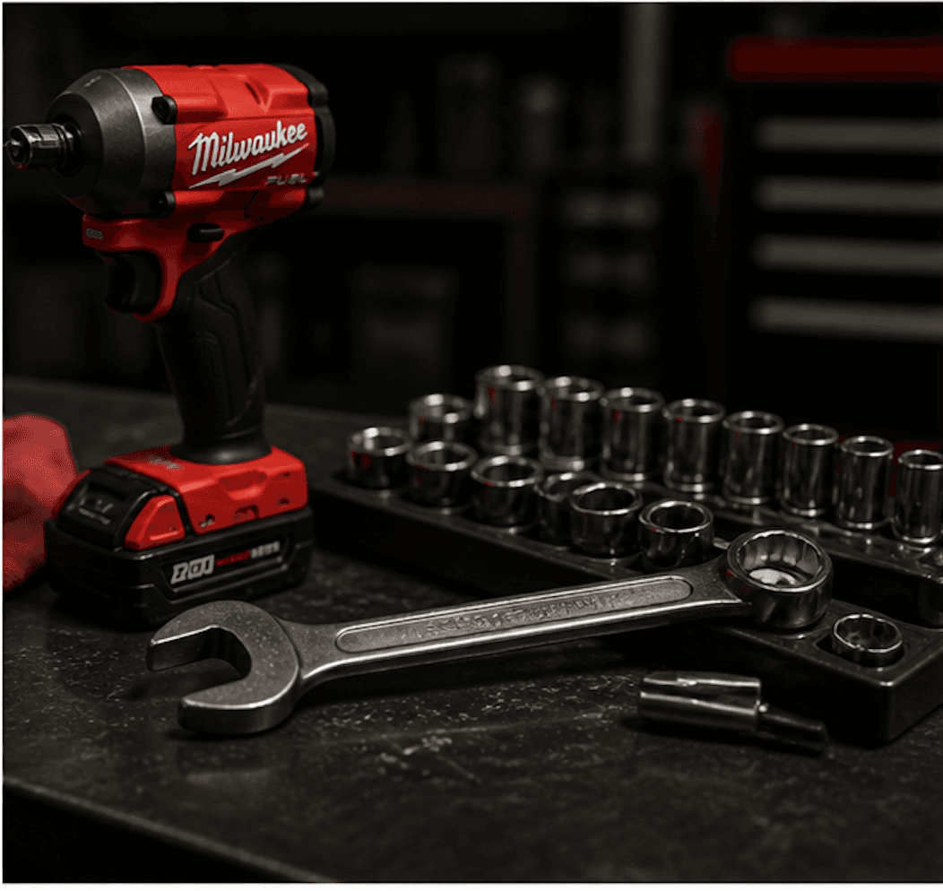 Tools and sockets on a repair workbench